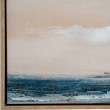 Hill Interiors hand painted landscape canvas corner detail showing blush sky and deep blue seascape brushwork within a slim light wooden frame.