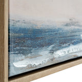 Close-up corner detail of Hill Interiors hand painted canvas in a slim wooden frame, showing textured blue, white and soft pink brushwork.