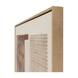 Close-up corner detail of Hill Interiors hand painted canvas wall art in a slim light wood frame, showing woven rattan-style texture and painted brushwork.