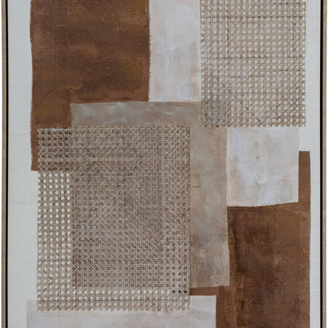 Hill Interiors hand painted canvas wall art in a slim wooden frame, showing brown, cream and rattan cane textured panels in a patchwork layout.