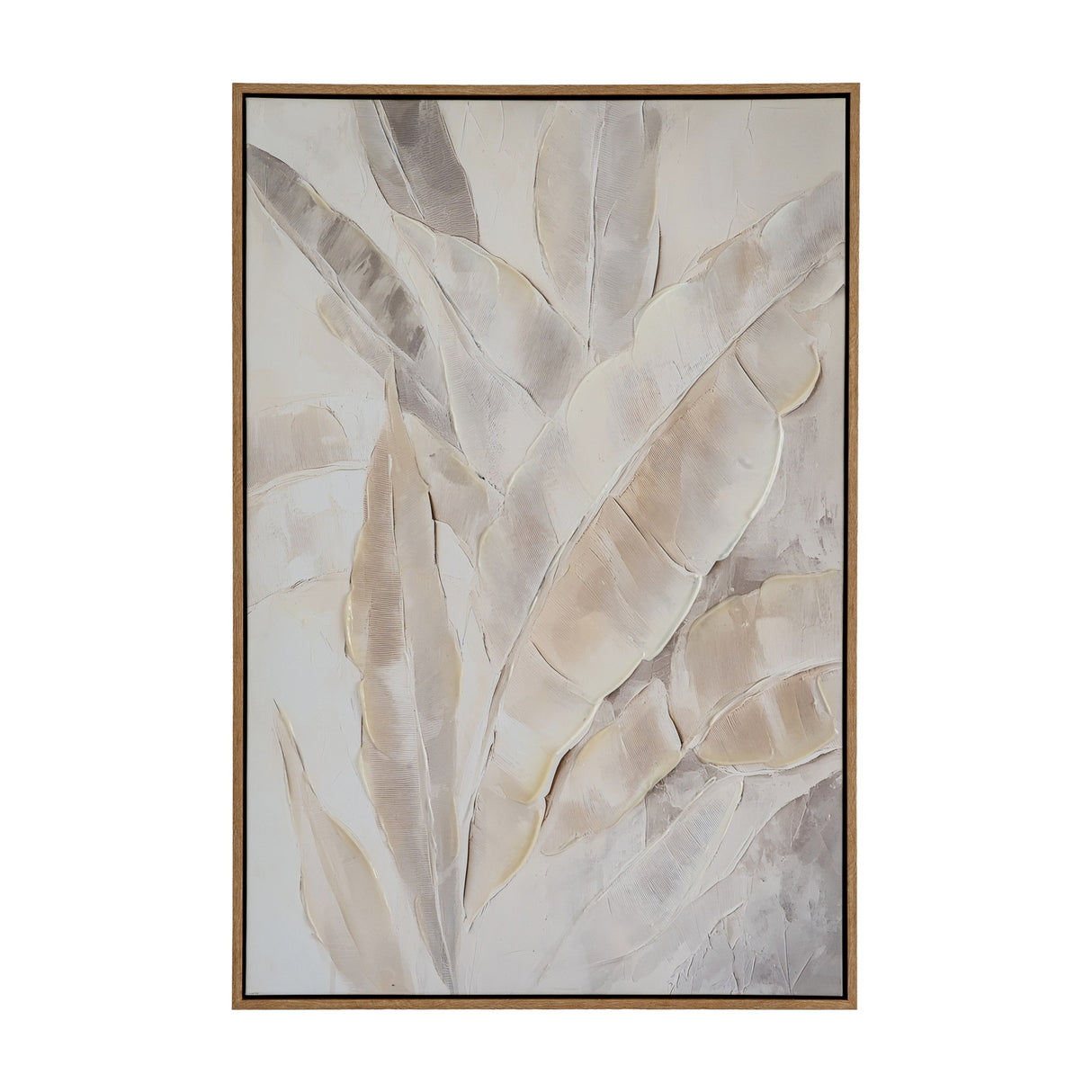 Hill Interiors hand painted canvas wall art in a wooden frame, showing textured cream and beige leaves in portrait orientation.