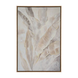 Hill Interiors hand painted canvas wall art in a wooden frame, showing textured cream and beige leaves in portrait orientation.