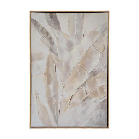 Hill Interiors hand painted canvas wall art in a wooden frame, showing textured cream and beige leaves in portrait orientation.