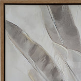 Close-up of Hill Interiors hand painted canvas wall art showing textured cream, grey and beige brushwork within a slim light wooden frame.