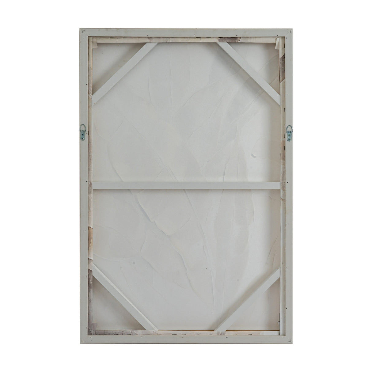 Rear view of Hill Interiors hand painted canvas wall art showing the wooden stretcher frame, cross braces and D-ring hanging fittings on a white background.