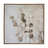 Hill Interiors hand painted 80x80cm canvas wall art in a wooden frame, showing textured white, beige and brown botanical stems on a neutral background.