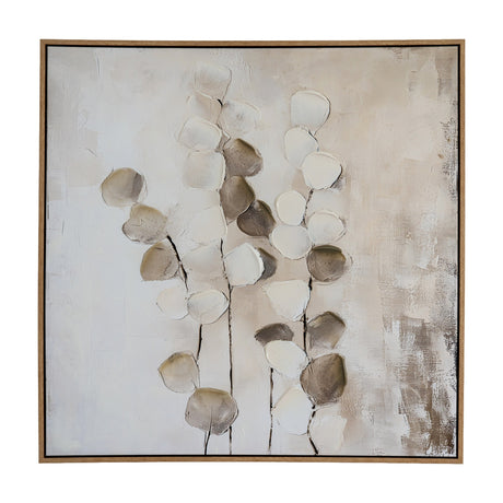 Hill Interiors hand painted 80x80cm canvas wall art in a wooden frame, showing textured white, beige and brown botanical stems on a neutral background.