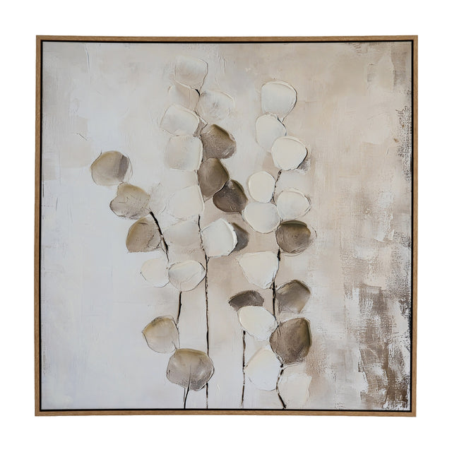 Hill Interiors hand painted 80x80cm canvas wall art in a wooden frame, showing textured white, beige and brown botanical stems on a neutral background.