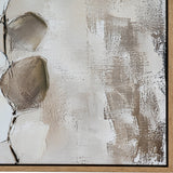 Close-up of Hill Interiors hand painted canvas wall art showing textured white, beige and brown brushwork with a wooden frame edge.