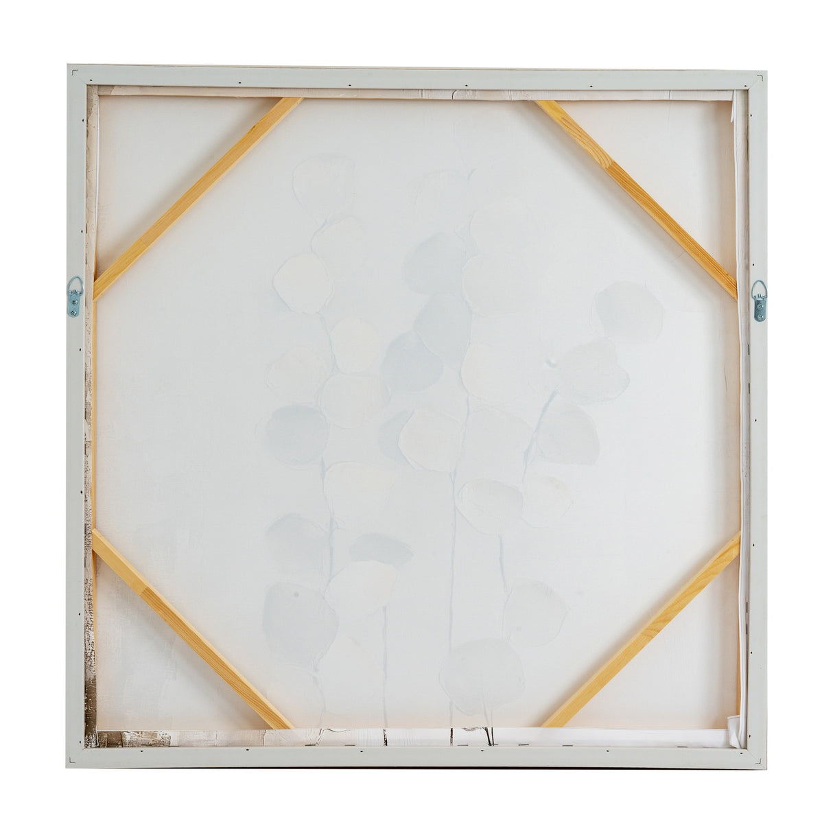 Back view of Hill Interiors 80x80cm hand painted canvas wall art showing wooden stretcher bars, D-ring hangers and pale frame edge.