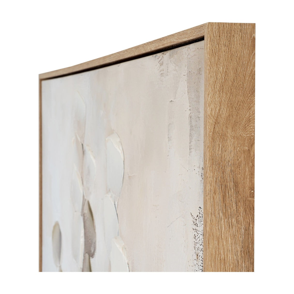 Close-up corner view of Hill Interiors hand painted canvas wall art showing textured cream brushwork within a light wooden frame.
