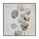 Hill Interiors hand painted square canvas in a wooden frame, showing neutral eucalyptus-style round leaves on a textured off-white background.