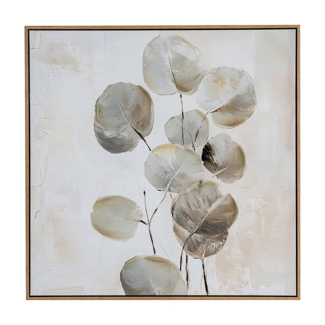 Hill Interiors hand painted square canvas in a wooden frame, showing neutral eucalyptus-style round leaves on a textured off-white background.