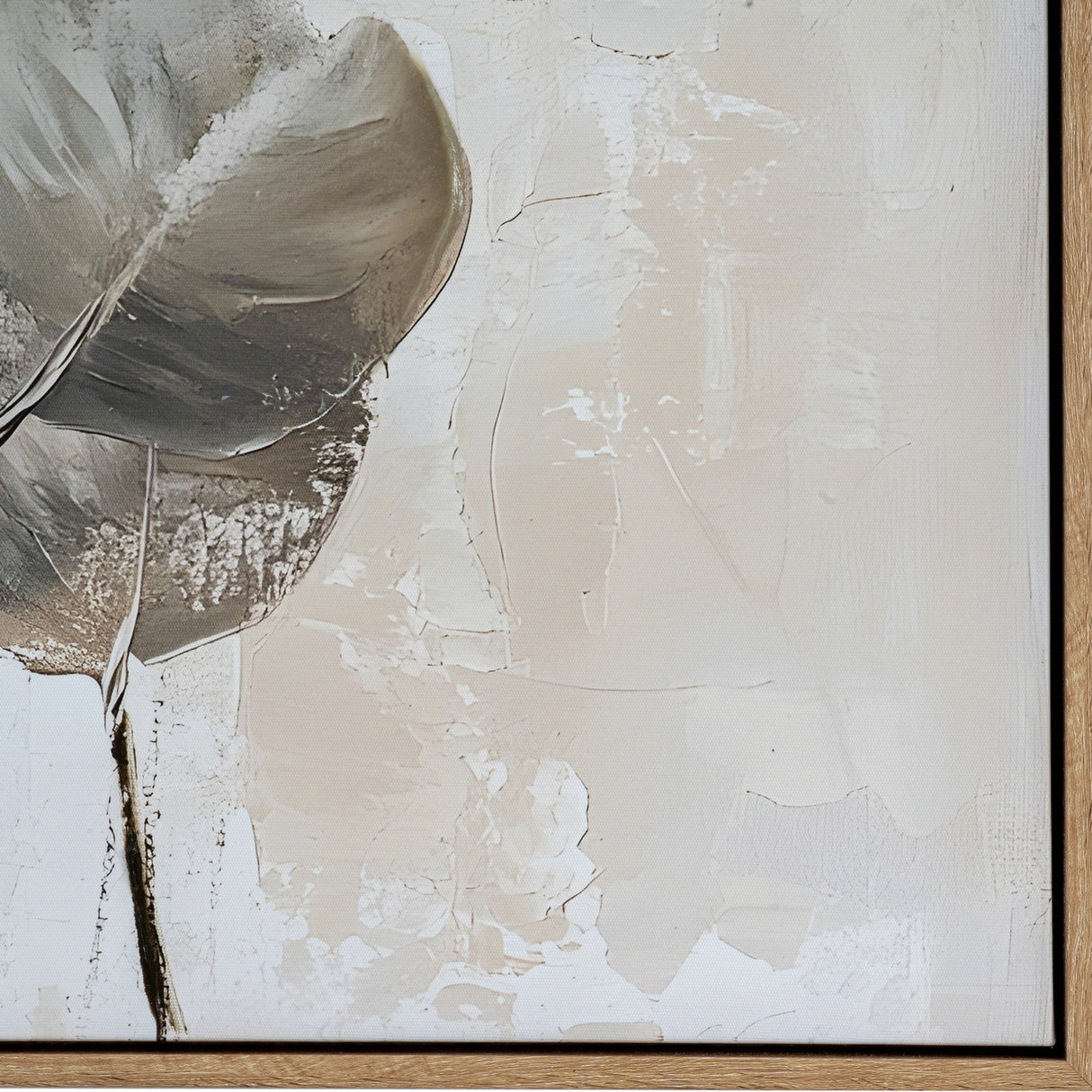 Close-up of Hill Interiors hand painted canvas showing textured grey floral brushwork on a cream background, set within a light wooden frame.