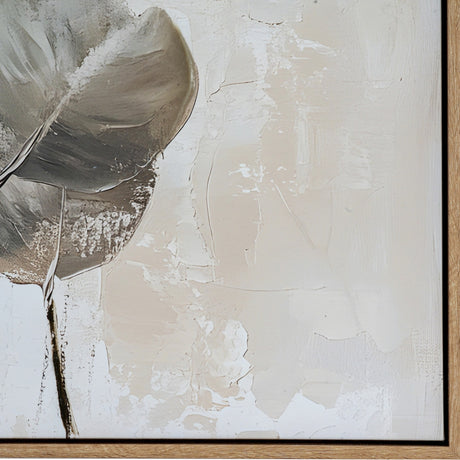 Close-up of Hill Interiors hand painted canvas showing textured grey floral brushwork on a cream background, set within a light wooden frame.
