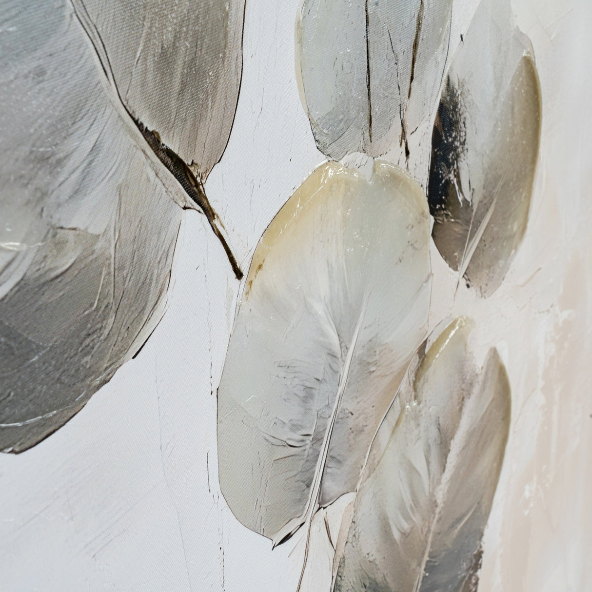Close-up of Hill Interiors hand painted canvas showing textured petal-like brushstrokes in cream, grey and taupe on a white background.