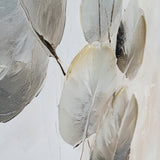 Close-up of Hill Interiors hand painted canvas showing textured petal-like brushstrokes in cream, grey and taupe on a white background.
