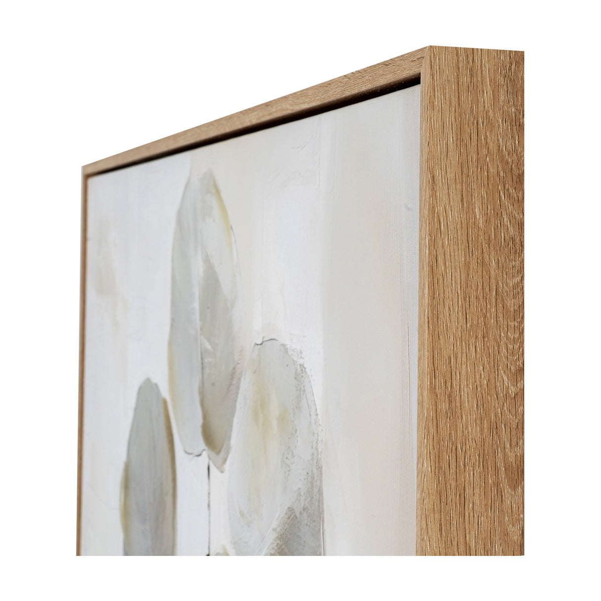 Close-up corner detail of Hill Interiors hand painted canvas wall art showing the light wooden frame and soft multicoloured brushwork in cream and grey tones.
