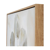 Close-up corner detail of Hill Interiors hand painted canvas wall art showing the light wooden frame and soft multicoloured brushwork in cream and grey tones.