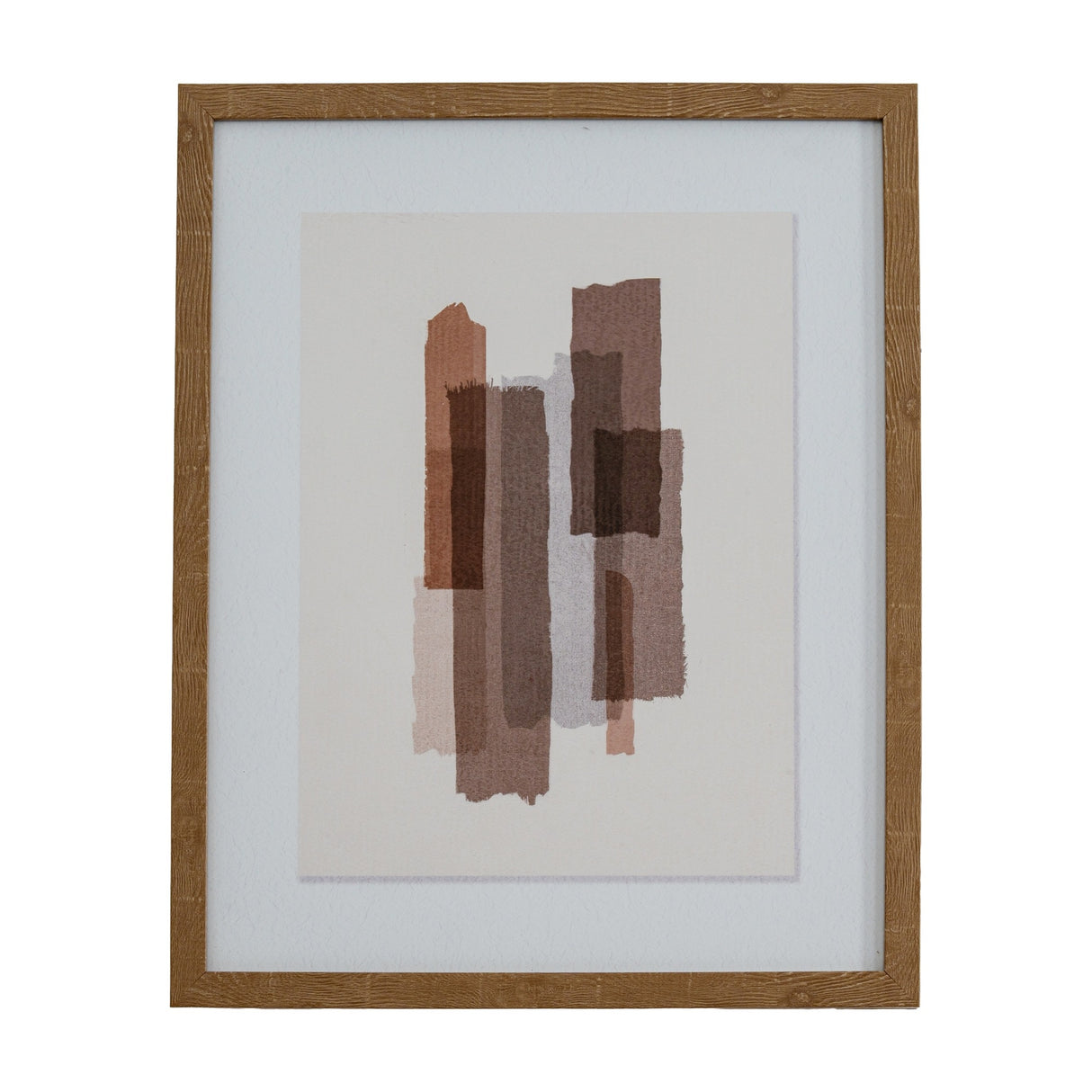 Hill Interiors framed wall art with a portrait abstract print in brown, rust and beige brushstroke blocks, set in a solid wooden frame with white mount.