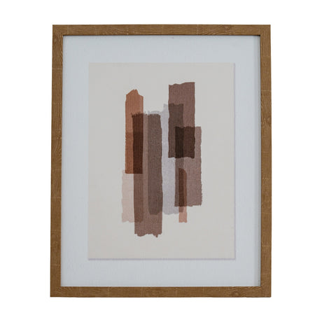 Hill Interiors framed wall art with a portrait abstract print in brown, rust and beige brushstroke blocks, set in a solid wooden frame with white mount.