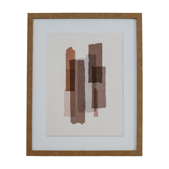Hill Interiors framed wall art with a portrait abstract print in brown, rust and beige brushstroke blocks, set in a solid wooden frame with white mount.