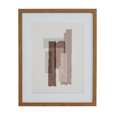Hill Interiors Framed Terrain Print Wall Art in a wooden frame, showing overlapping brown, taupe and cream brushstrokes in portrait orientation.