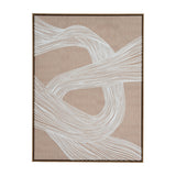 Hill Interiors Line Art Framed Wall Print in portrait format, showing flowing white lines on a beige linen background within a warm brown wooden frame.