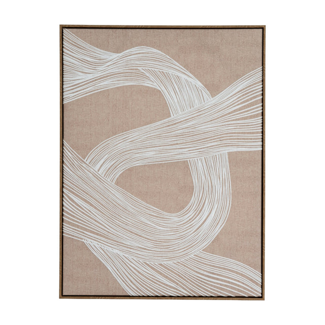 Hill Interiors Line Art Framed Wall Print in portrait format, showing flowing white lines on a beige linen background within a warm brown wooden frame.