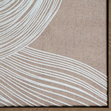 Close-up of Hill Interiors Line Art Framed Wall Print in brown, showing white flowing lines on neutral linen-look background within a warm brown wooden frame.