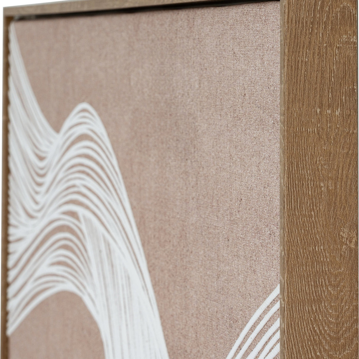 Close-up of Hill Interiors Line Art Framed Wall Print in Brown, showing white flowing line detail on neutral linen within a warm brown wooden frame.