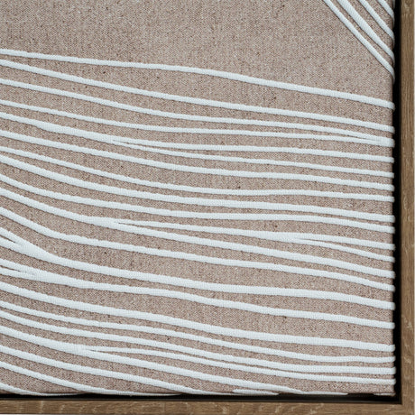 Close-up of Hill Interiors Framed Line Art Print showing textured white continuous line work on brown canvas within a wooden frame.