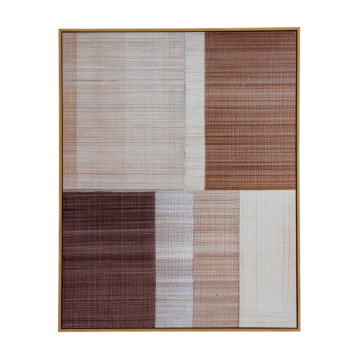 Hill Interiors hand painted canvas wall art in a slim wood frame, with abstract brown, rust, cream and white block sections in portrait format.