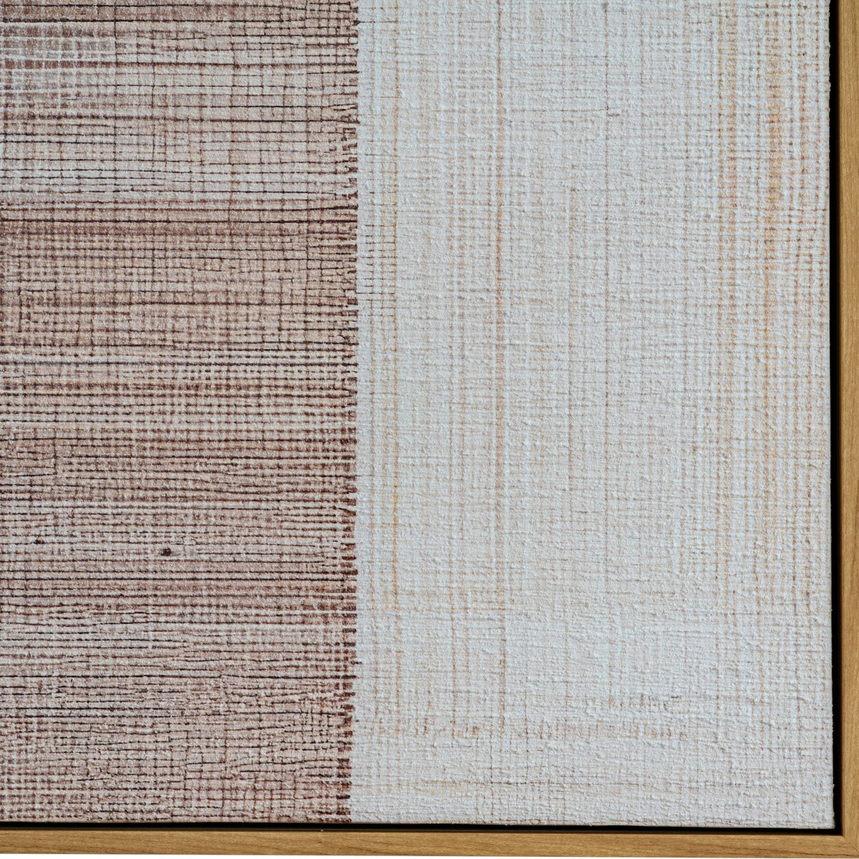 Close-up of Hill Interiors hand painted canvas wall art showing textured brushwork in brown and cream tones within a slim wood frame.
