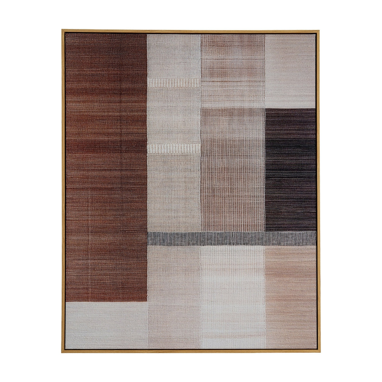 Hill Interiors hand painted canvas wall art in portrait wood frame, with abstract blocks in rust, cream, brown, black and blush tones.