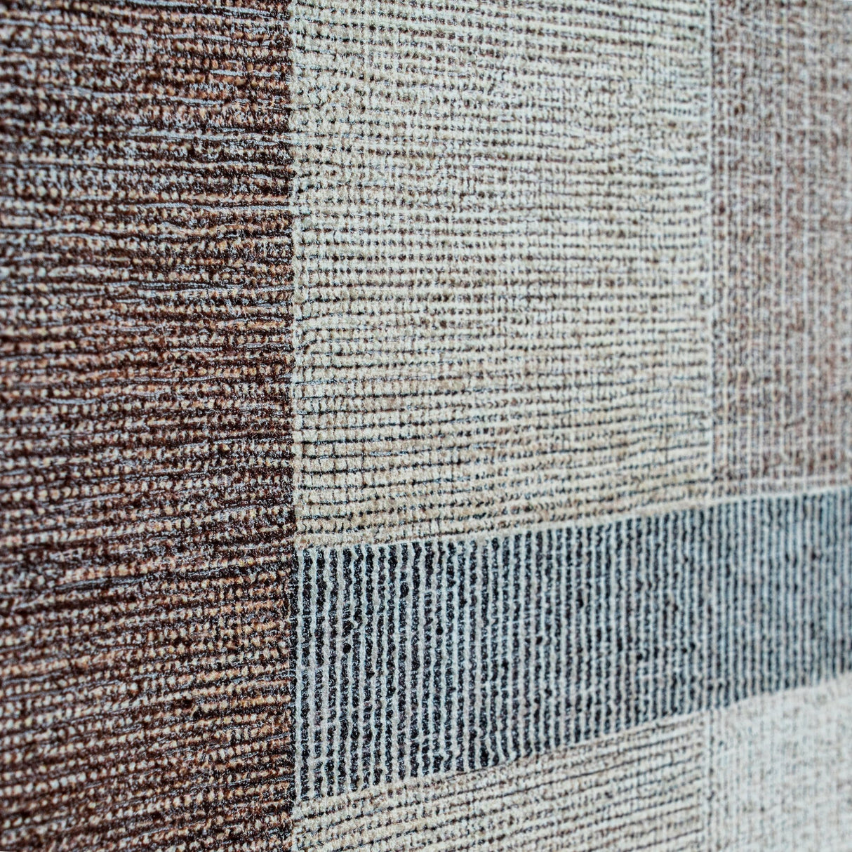 Close-up of Hill Interiors Hand Painted Canvas showing textured brushwork in brown, cream and grey blocks across the canvas surface within its wood frame.