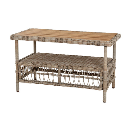 Hill Interiors beige rattan garden coffee table with woven frame, slatted wooden top and lower storage shelf, shown on a plain white background.