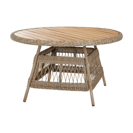 Hill Interiors Outdoor 4 Seater Round Dining Set in beige with woven rattan-effect base and slatted wood-look top, shown on a plain white background.