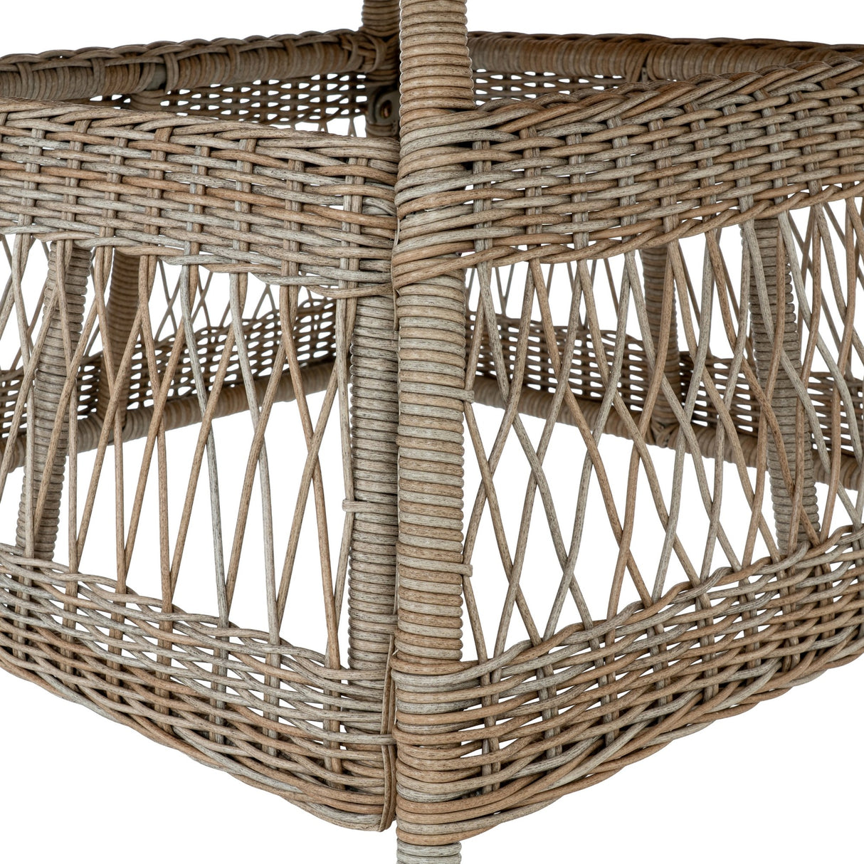 Close-up of woven beige rattan-effect detailing on Hill Interiors Outdoor 4 Seater Round Metal Dining Set, showing open lattice and tight coiled weave.