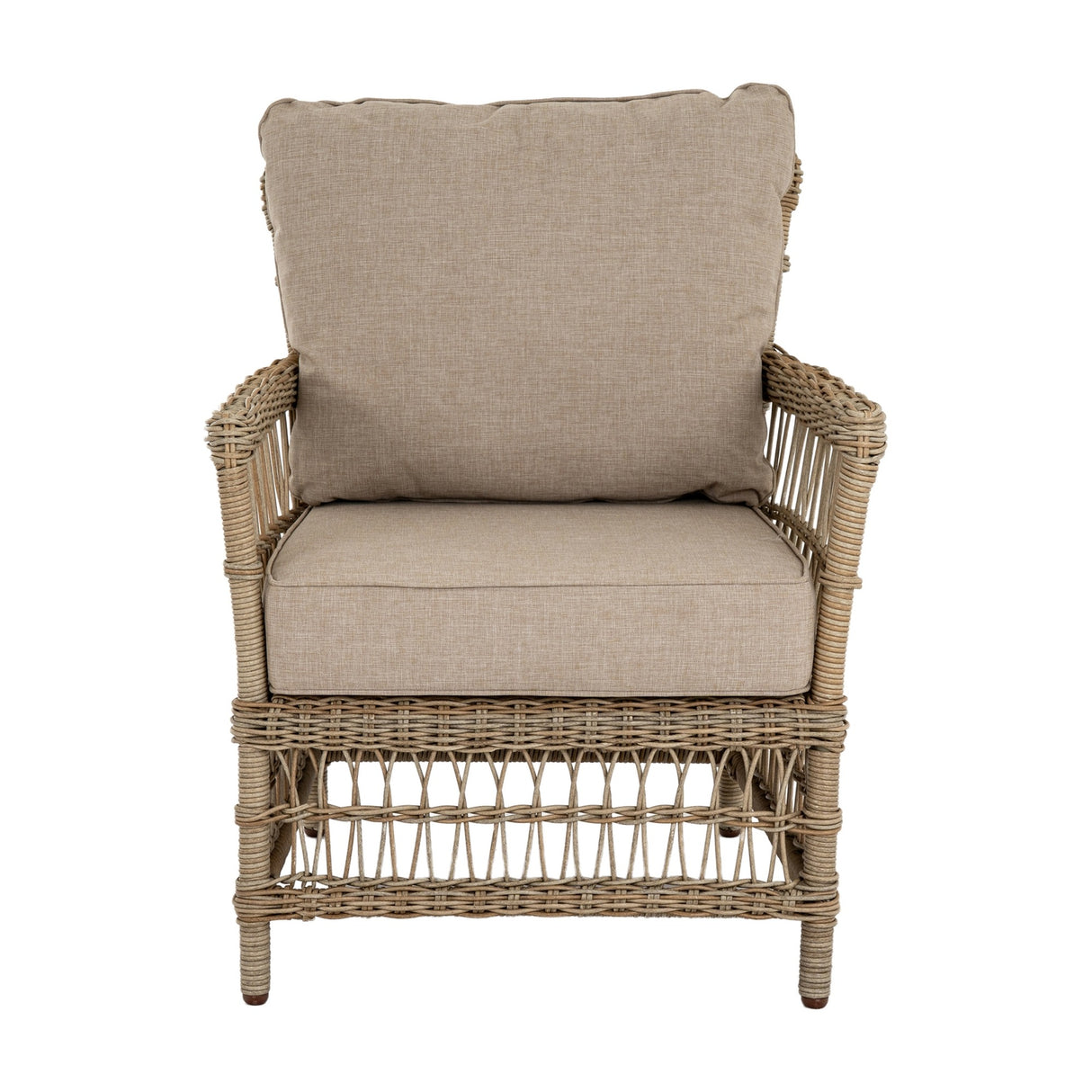 Hill Interiors woven rattan-effect armchair in beige with tall cushioned back and deep seat cushion, open weave base, shown on a white background.