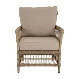 Hill Interiors woven rattan-effect armchair in beige with tall cushioned back and deep seat cushion, open weave base, shown on a white background.