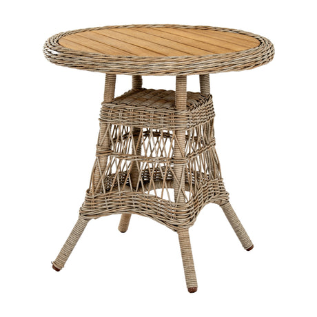 Hill Interiors round bistro table with woven beige rattan-effect frame, slatted wood-look top and splayed legs, shown on a plain white background.
