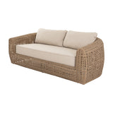Hill Interiors Outdoor Metal Garden Sofa in brown with open woven-effect frame and beige seat and back cushions, shown on a white background.