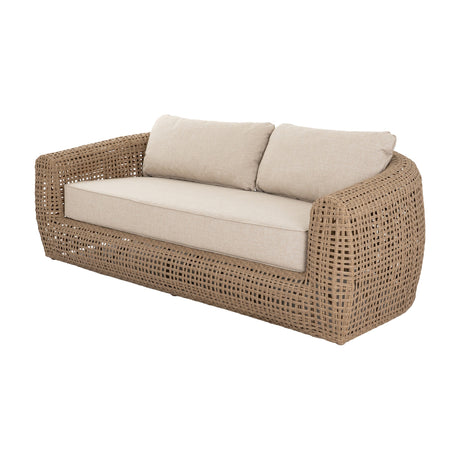 Hill Interiors Outdoor Metal Garden Sofa in brown with open woven-effect frame and beige seat and back cushions, shown on a white background.