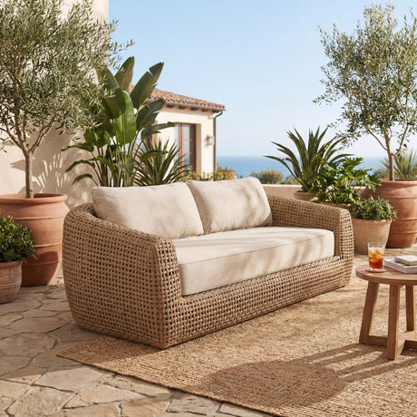 Hill Interiors Outdoor Metal Garden Sofa in brown woven finish with cream cushions, styled on a Mediterranean patio with olive trees and terracotta pots.