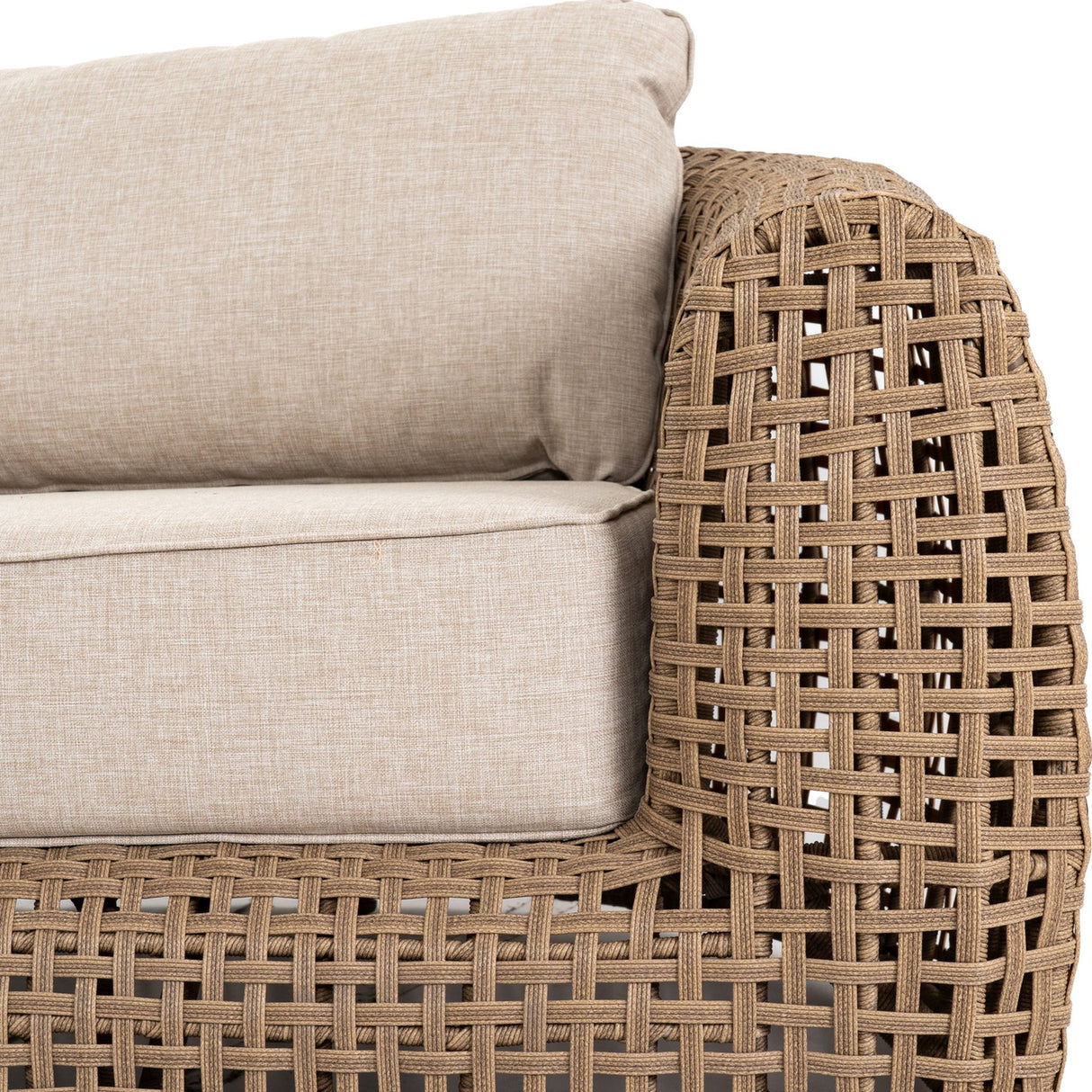 Close-up of Hill Interiors Outdoor Metal Garden Sofa in brown, showing the woven lattice arm detail and neutral beige seat and back cushions.