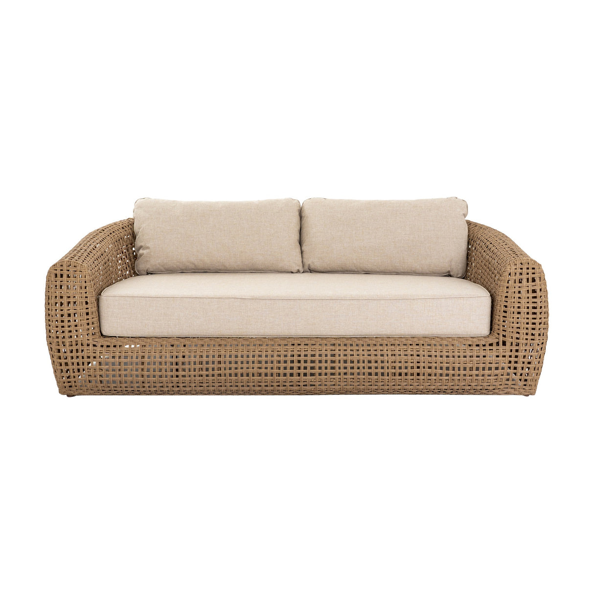 Hill Interiors Outdoor Metal Garden Sofa in brown with an open woven frame, curved arms and beige seat and back cushions on a white background.