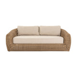 Hill Interiors Outdoor Metal Garden Sofa in brown with an open woven frame, curved arms and beige seat and back cushions on a white background.