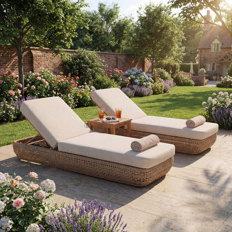Hill Interiors Outdoor Sun Loungers in brown woven metal with cream cushions and rolled towels, paired with a side table on a sunny garden patio.