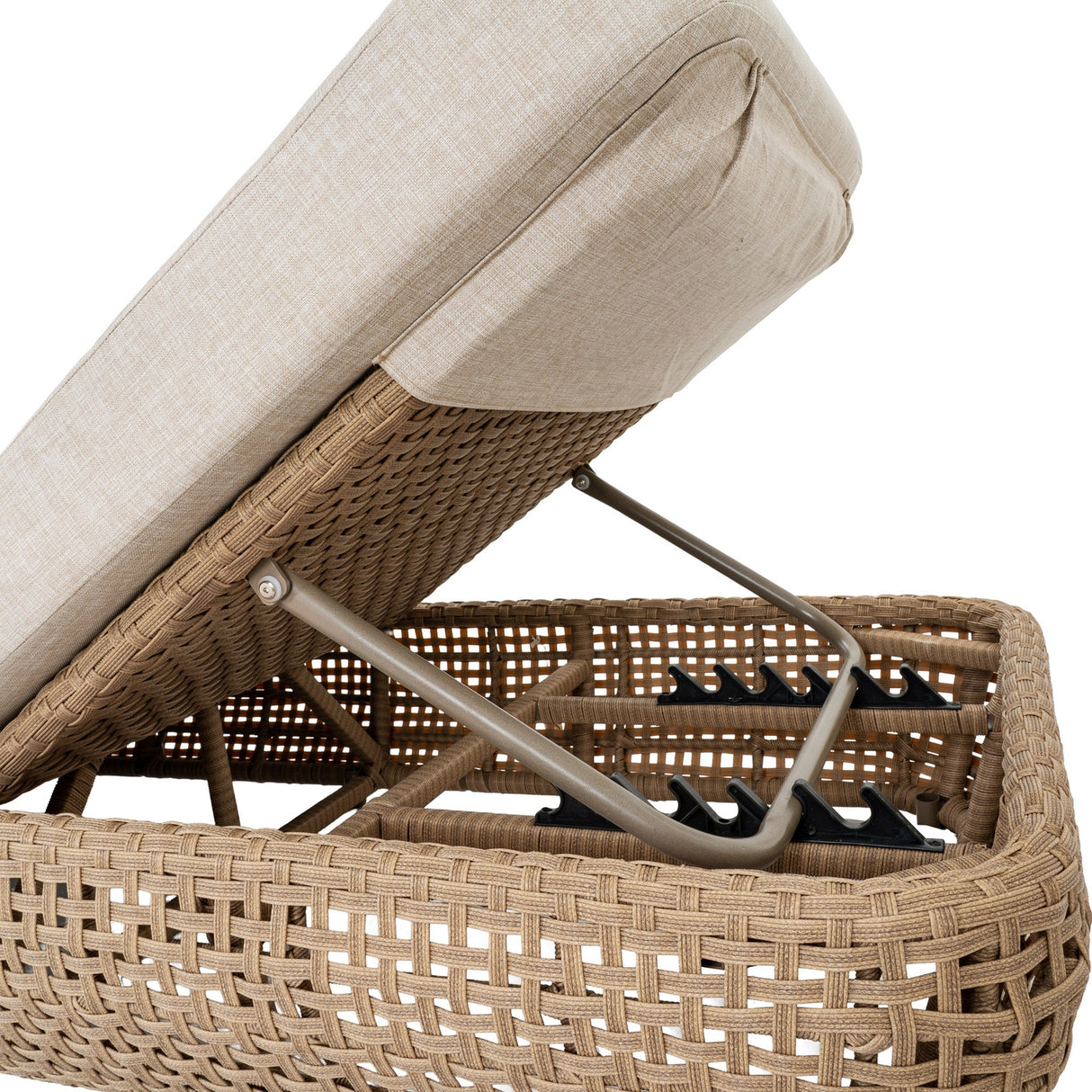 Close-up of Hill Interiors Outdoor Sun Lounger showing the adjustable metal backrest mechanism, woven brown rattan-effect frame and beige cushion.